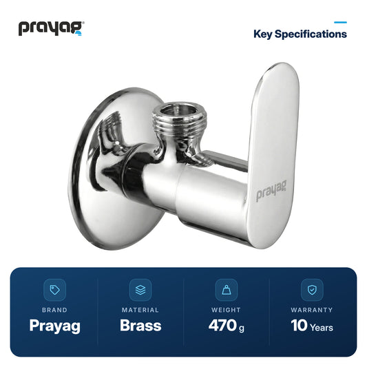 Angle Valve Brass - Prayag key specifications: Brass, 470 g, 10-year warranty