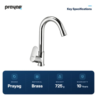 Wash Basin Pillar Tap Swan Neck Foam Flow (Swing Tap) Basin Mount Brass - Prayag key specifications: Brass, 725 g, 10-year warranty