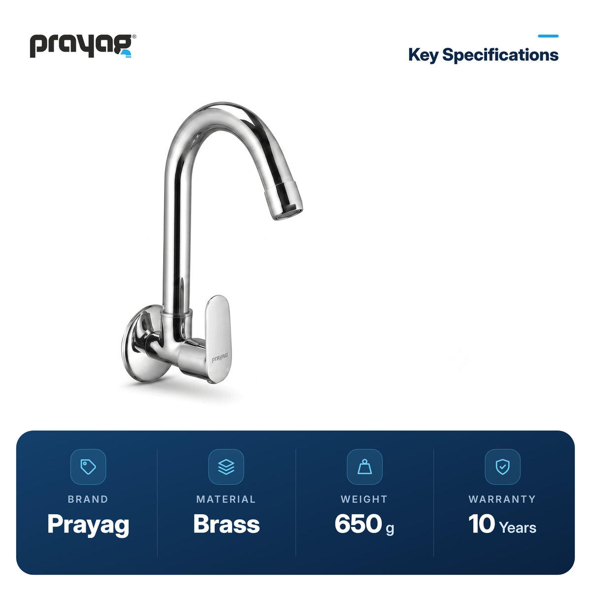 Sink Tap for Kitchen Wall Mount Foam Flow (Swing Tap) Brass - Prayag key specifications: Brass, 650 g, 10-year warranty