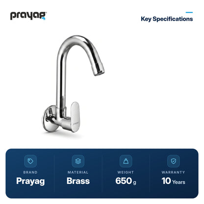 Sink Tap for Kitchen Wall Mount Foam Flow (Swing Tap) Brass - Prayag key specifications: Brass, 650 g, 10-year warranty