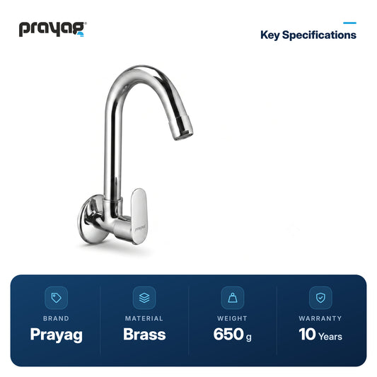 Sink Tap for Kitchen Wall Mount Foam Flow (Swing Tap) Brass - Prayag key specifications: Brass, 650 g, 10-year warranty