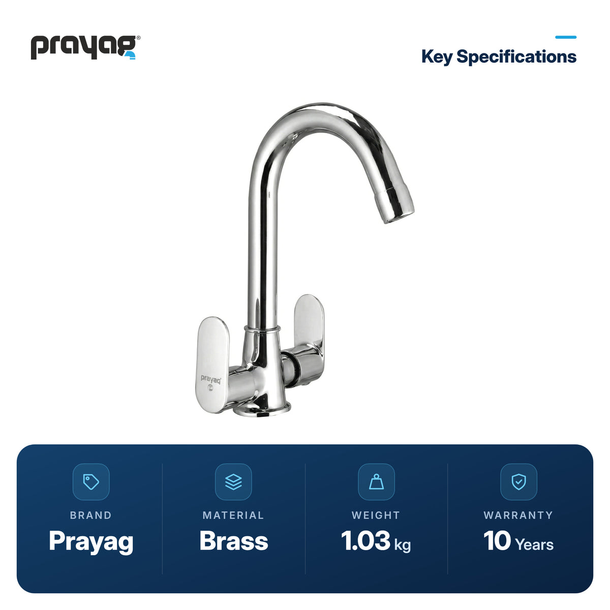 Wash Basin Mixer Tap (Hot & Cold) Foam Flow (Double Handle) Brass - Prayag key specifications: Brass, 1.03 kg, 10-year warranty