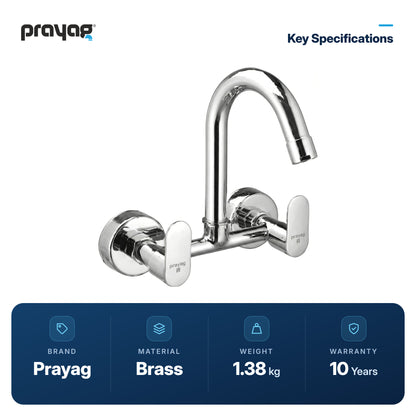 Sink Mixer Tap for Kitchen Wall Mount Foam Flow (Hot & Cold) Brass - Prayag key specifications: Brass, 1.38 kg, 10-year warranty