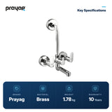 Wall Mixer Brass Tap with L Bend Pipe (Foam Flow) (Hot & Cold) - Prayag key specifications: Brass, 1.78 kg, 10-year warranty