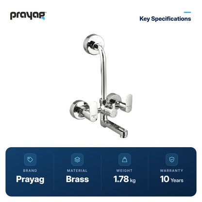 Wall Mixer Brass Tap with L Bend Pipe (Foam Flow) (Hot & Cold) - Prayag key specifications: Brass, 1.78 kg, 10-year warranty