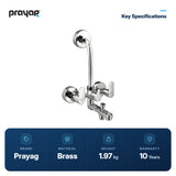 Wall Mixer 3 in 1 with Provision for Hand Shower & Head Shower Brass (Foam Flow) (Hot & Cold) - Prayag key specifications: Brass, 1.97 kg, 10-year warranty
