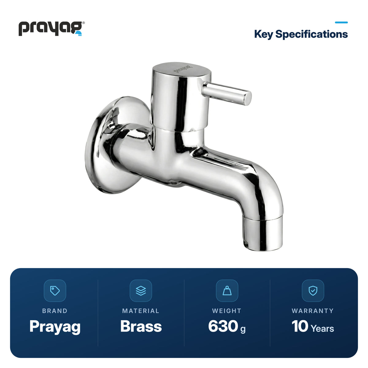 Bib Tap (Short Body) Brass - Prayag key specifications: Brass, 630 g, 10-year warranty
