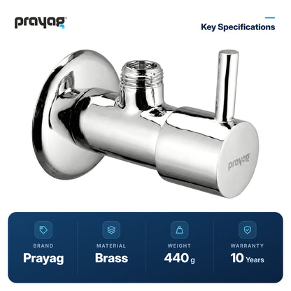 Angle Valve Brass - Prayag key specifications: Brass, 440 g, 10-year warranty