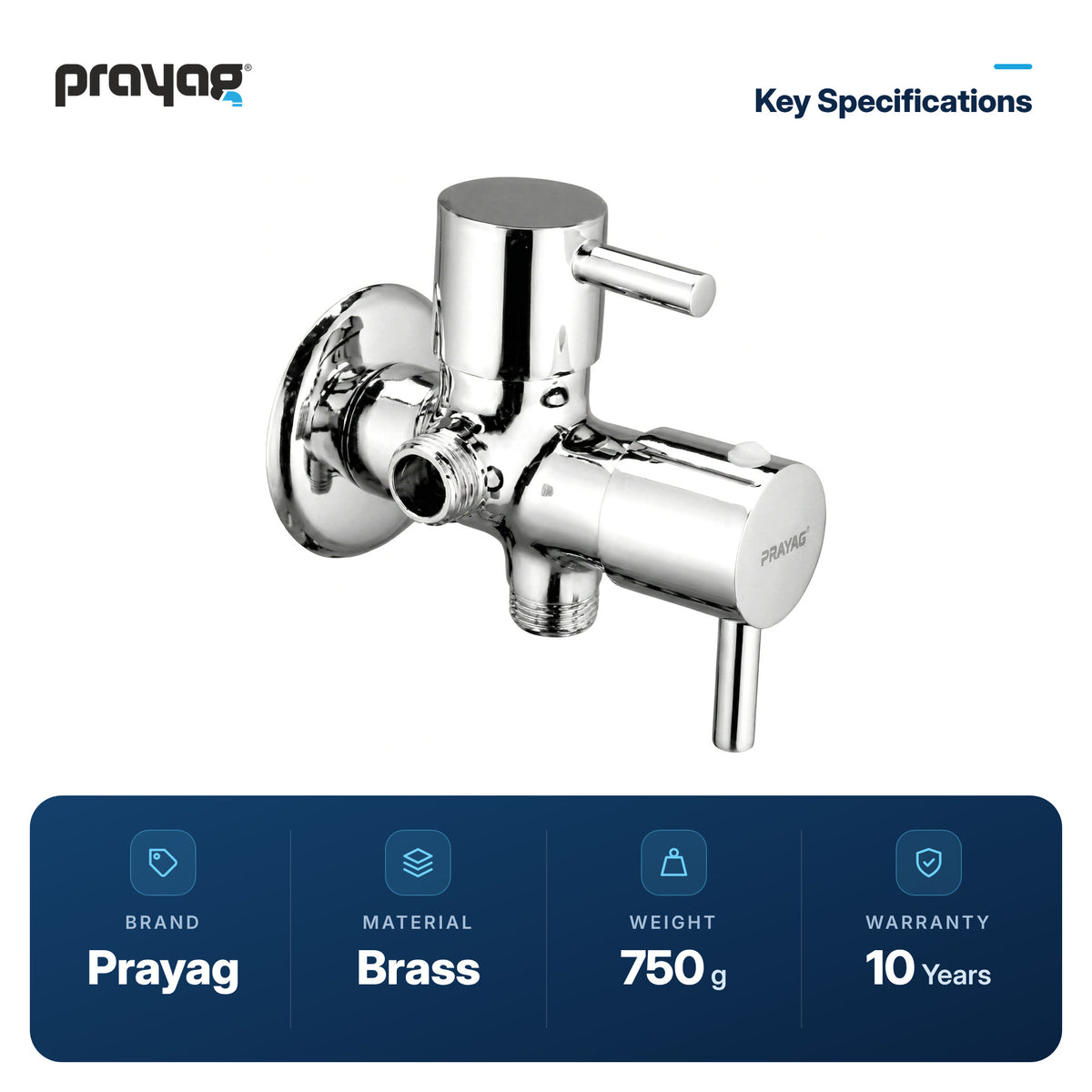 Two Way Angle Valve (Double Handle) Brass - Prayag key specifications: Brass, 750 g, 10-year warranty