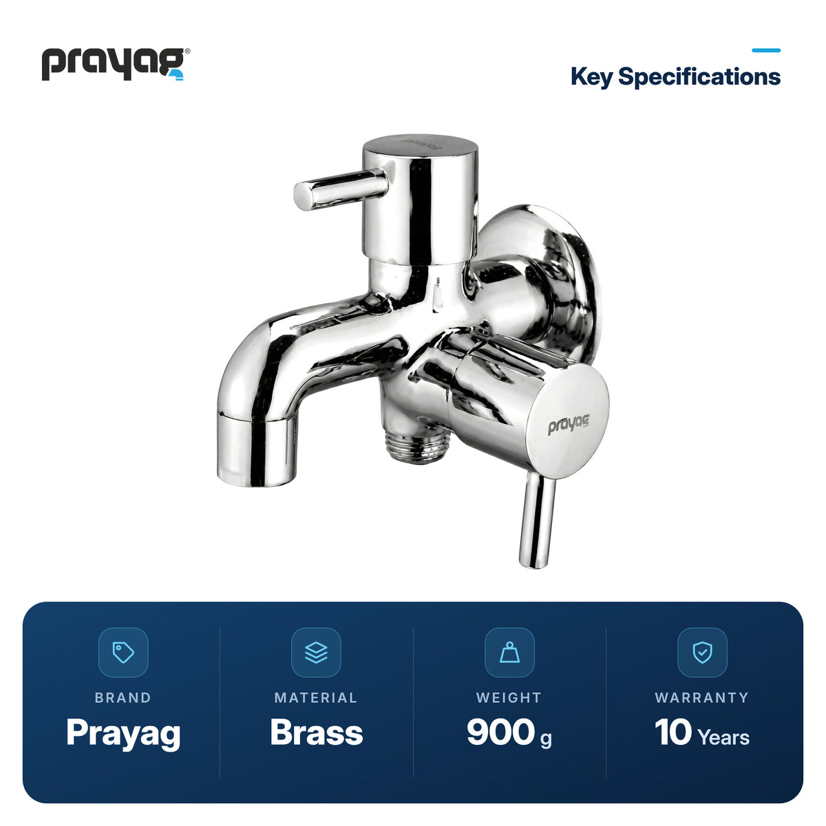 Two Way Bib Tap Foam Flow (Double Handle) Brass - Prayag key specifications: Brass, 900 g, 10-year warranty