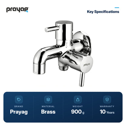 Two Way Bib Tap Foam Flow (Double Handle) Brass - Prayag key specifications: Brass, 900 g, 10-year warranty