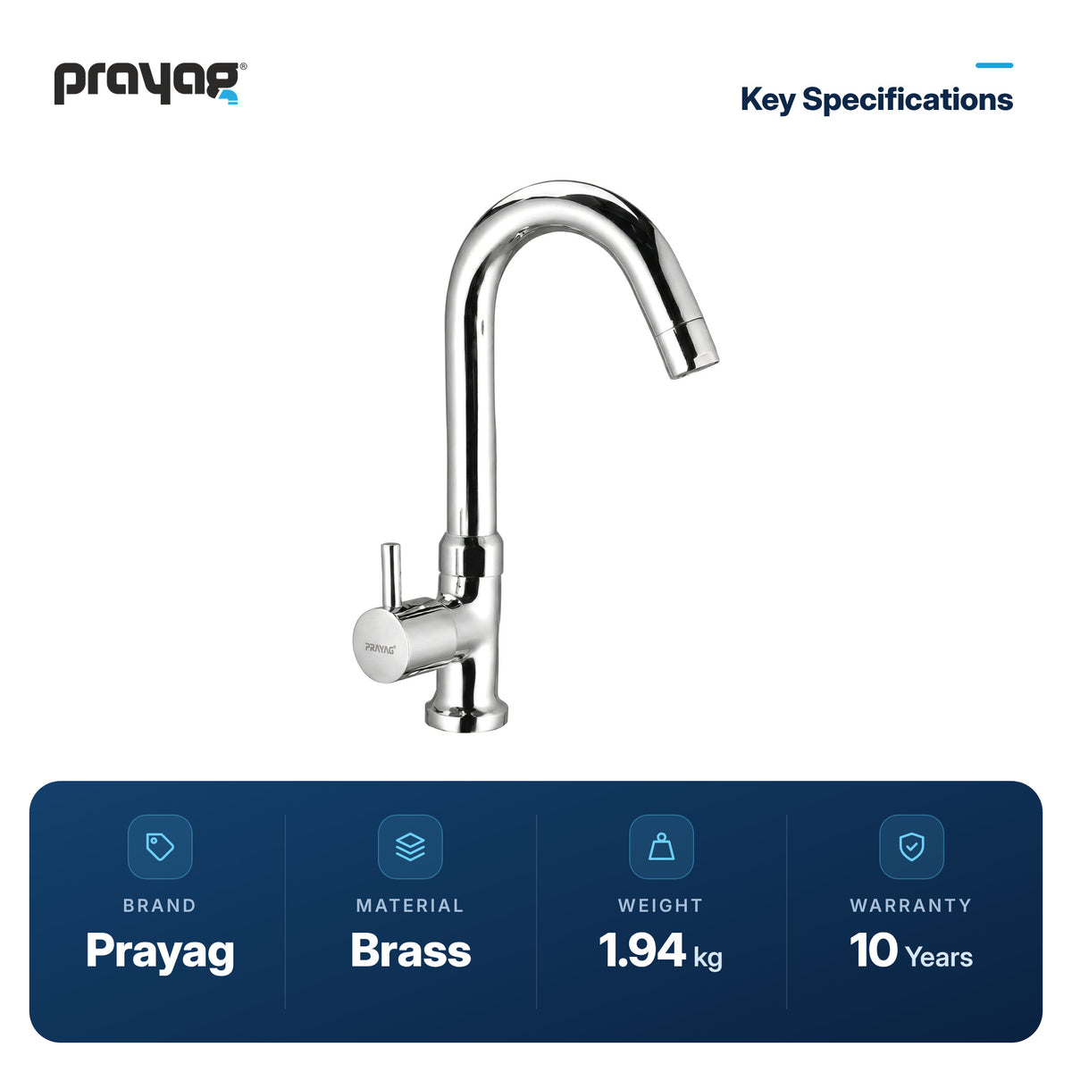 Wash Basin Pillar Tap Swan Neck Foam Flow (Swing Tap) Basin Mount Brass - Prayag key specifications: Brass, 1.94 kg, 10-year warranty