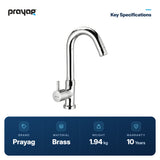 Wash Basin Pillar Tap Swan Neck Foam Flow (Swing Tap) Basin Mount Brass - Prayag key specifications: Brass, 1.94 kg, 10-year warranty