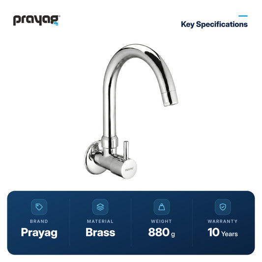 Sink Tap for Kitchen Wall Mount Foam Flow (Swing Tap) Brass - Prayag key specifications: Brass, 880 g, 10-year warranty