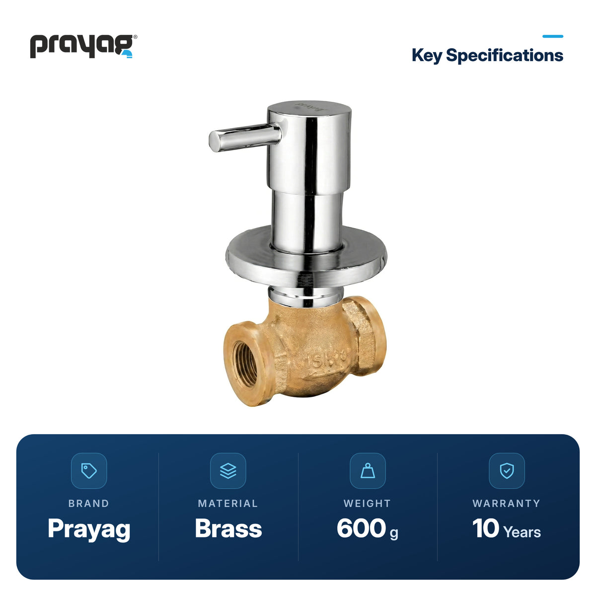 Concealed Stop Cock 15mm Brass - Prayag key specifications: Brass, 600 g, 10-year warranty
