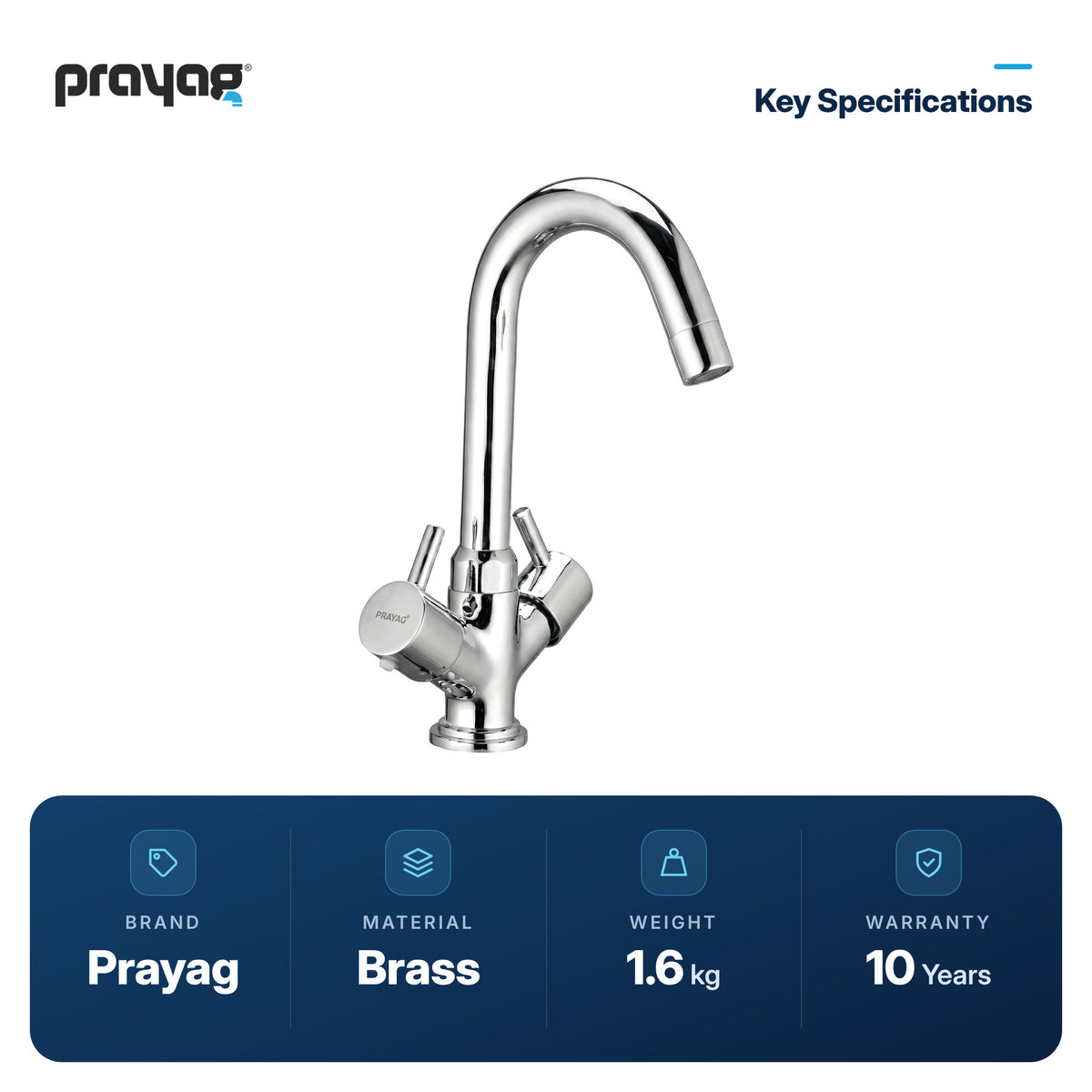 Center Hole Basin Mixer without Popup Brass - Prayag key specifications: Brass, 1.6 kg, 10-year warranty