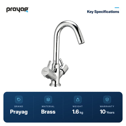 Center Hole Basin Mixer without Popup Brass - Prayag key specifications: Brass, 1.6 kg, 10-year warranty
