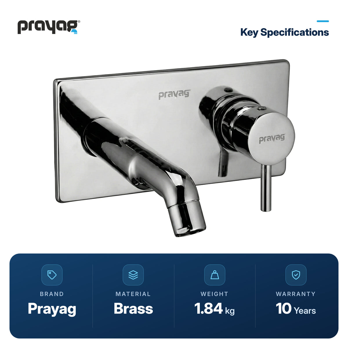 Single Lever Basin Mixer Wall Mount (Concealed) Brass - Prayag key specifications: Brass, 1.84 kg, 10-year warranty