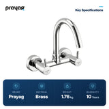 Sink Mixer Tap for Kitchen Wall Mount Foam Flow (Hot & Cold) Brass - Prayag key specifications: Brass, 1.76 kg, 10-year warranty