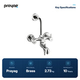 Wall Mixer 3 in 1 with Provision for Hand Shower & Head Shower Brass (Foam Flow) (Hot & Cold) - Prayag key specifications: Brass, 2.73 kg, 10-year warranty