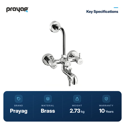 Wall Mixer 3 in 1 with Provision for Hand Shower & Head Shower Brass (Foam Flow) (Hot & Cold) - Prayag key specifications: Brass, 2.73 kg, 10-year warranty