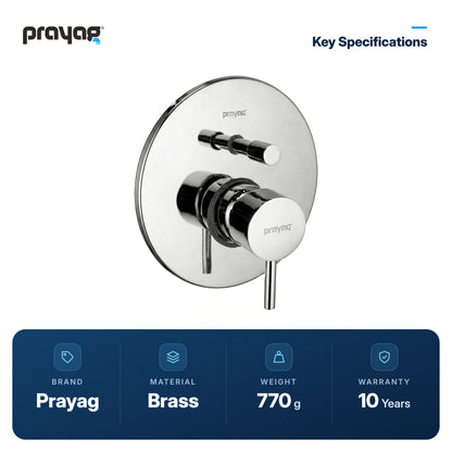 Single Lever Concealed Diverter 40mm (Complete Set Body + Plate) Brass - Prayag key specifications: Brass, 770 g, 10-year warranty