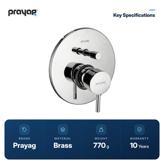 Single Lever Concealed Diverter 40mm (Complete Set Body + Plate) Brass - Prayag key specifications: Brass, 770 g, 10-year warranty