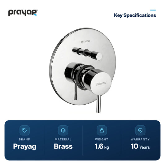 Single Lever Concealed Diverter 40mm High Flow (Complete Set Body + Plate) Brass - Prayag key specifications: Brass, 1.6 kg, 10-year warranty