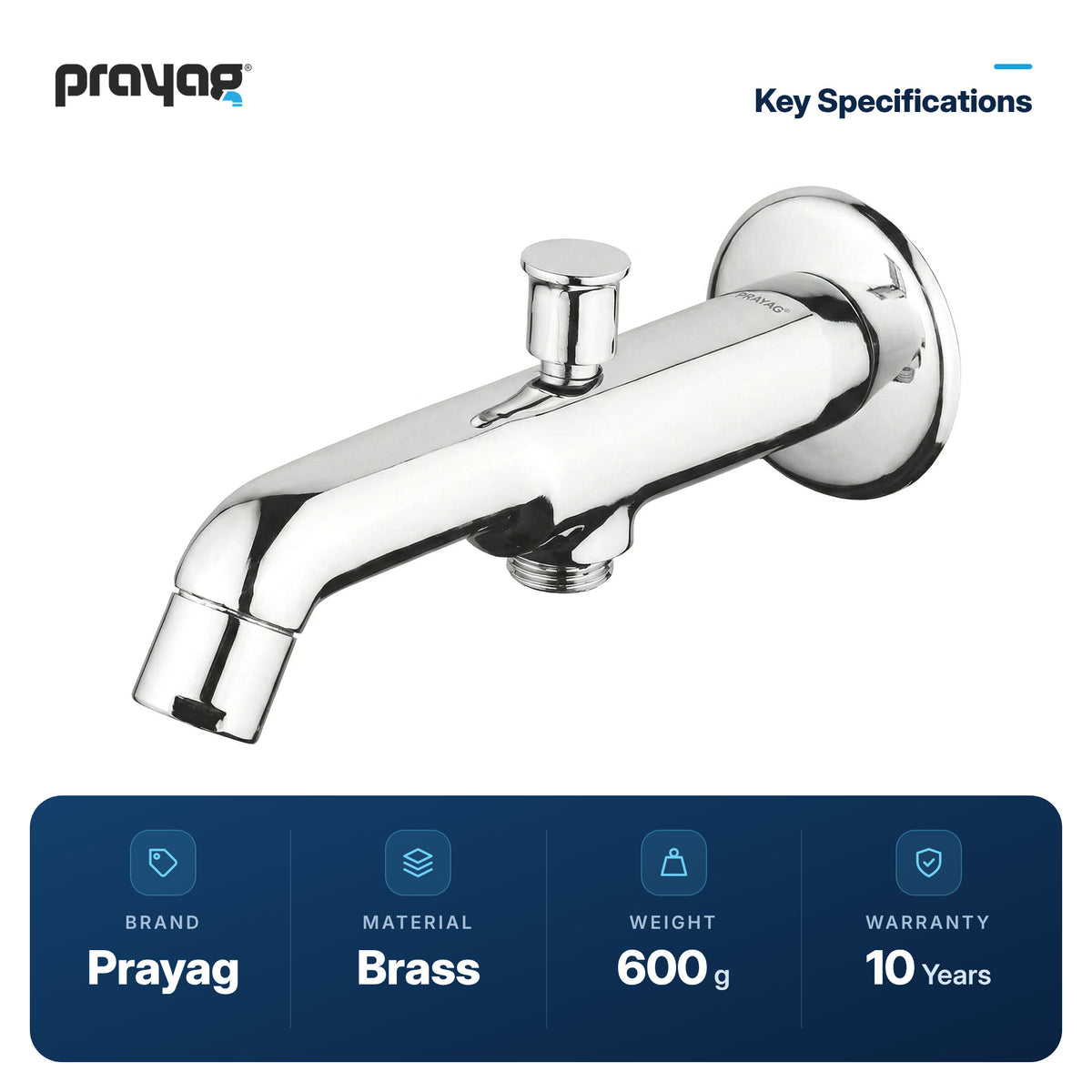 Bath Tub Spout Provision for Hand Shower with Flange Brass (Only Spout) - Prayag key specifications: Brass, 600 g, 10-year warranty