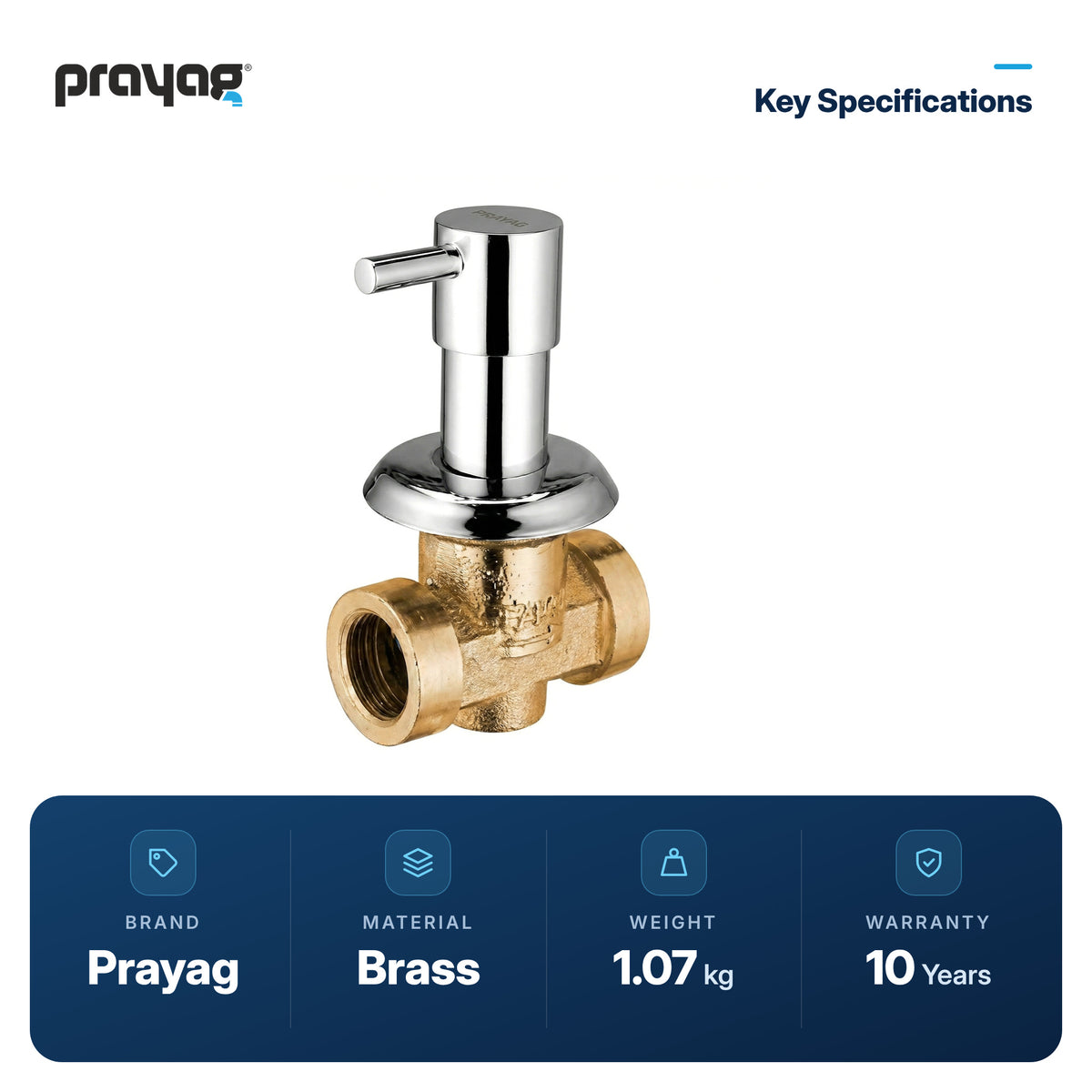 Flush Cock 25mm Half Turn with Adjustable Flange - Prayag key specifications: Brass, 1.07 kg, 10-year warranty