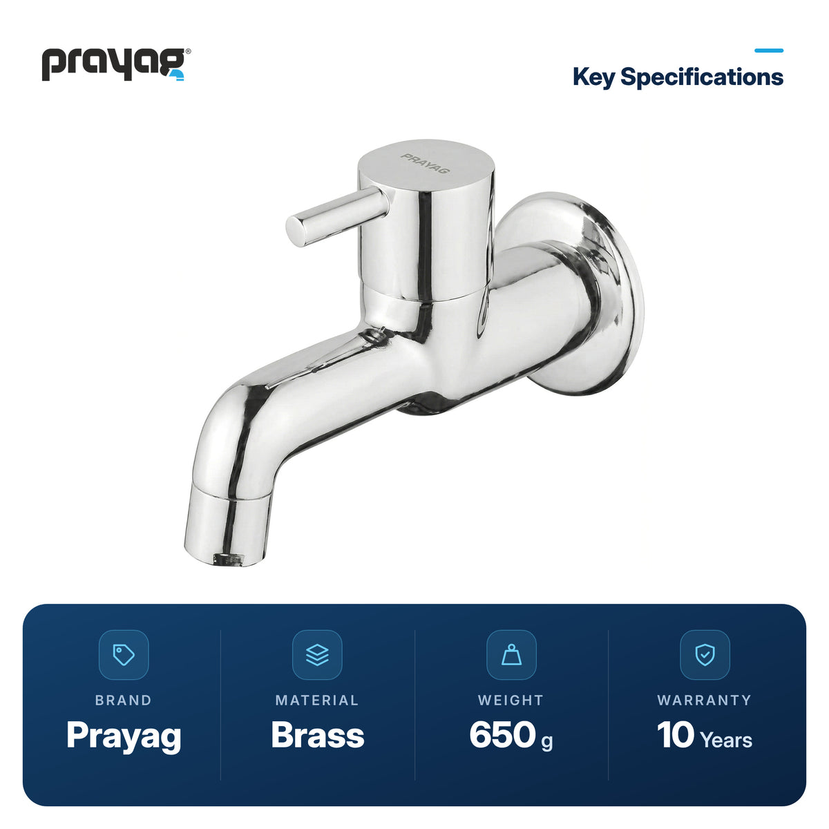 Bib Tap with Wall Flange Brass - Prayag key specifications: Brass, 650 g, 10-year warranty