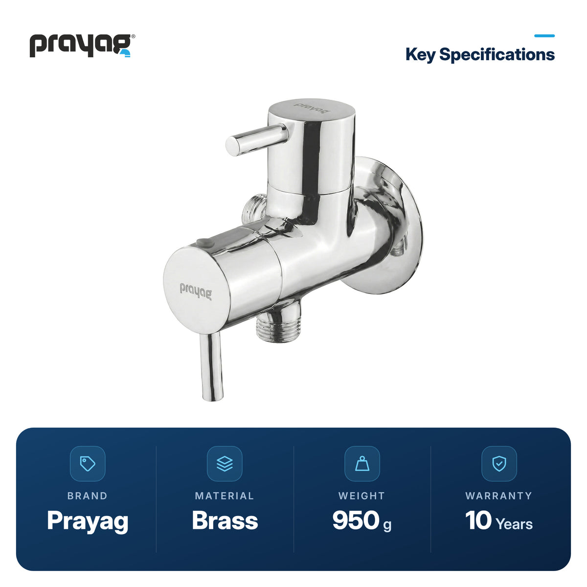 2-Way Angular Stop Tap with Wall Flange Brass - Prayag key specifications: Brass, 950 g, 10-year warranty