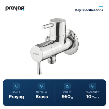 2-Way Angular Stop Tap with Wall Flange Brass - Prayag key specifications: Brass, 950 g, 10-year warranty