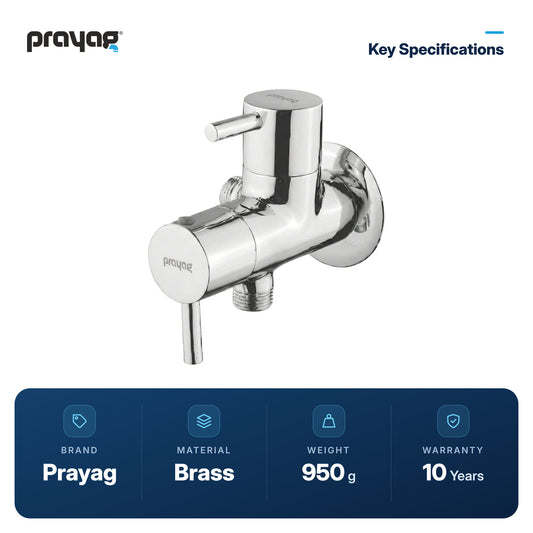2-Way Angular Stop Tap with Wall Flange Brass - Prayag key specifications: Brass, 950 g, 10-year warranty
