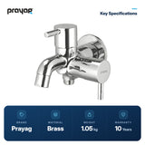2-Way Bib Tap Double Handle with Wall Flange Brass - Prayag key specifications: Brass, 1.05 kg, 10-year warranty