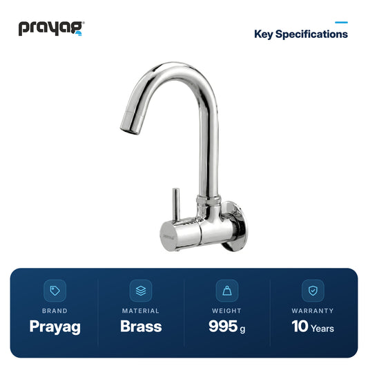 Sink Tap Wall Mounted with Flange Brass - Prayag key specifications: Brass, 995 g, 10-year warranty