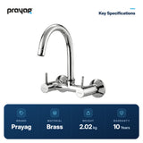 Sink Mixer with Regular Spout Wall Mounted with Flange Brass - Prayag key specifications: Brass, 2.02 kg, 10-year warranty