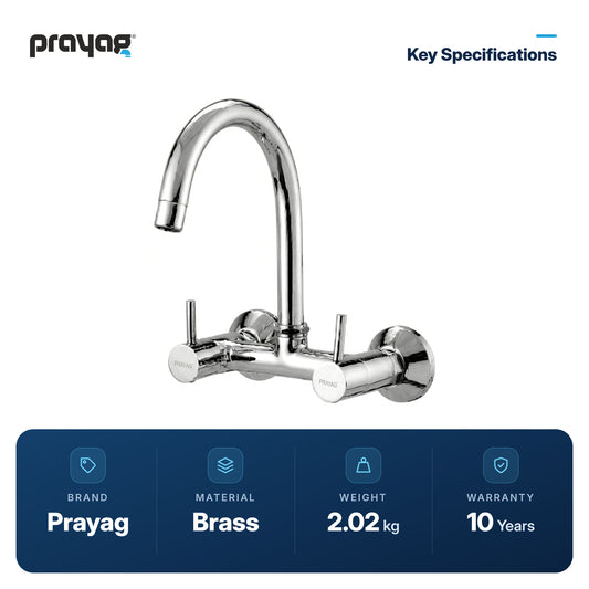 Sink Mixer with Regular Spout Wall Mounted with Flange Brass - Prayag key specifications: Brass, 2.02 kg, 10-year warranty