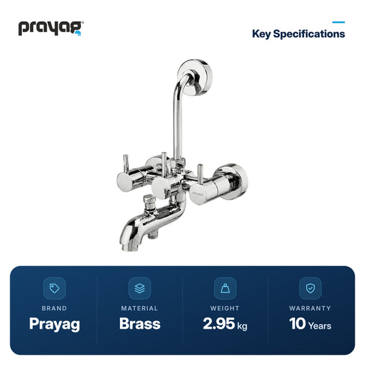 Wall Mixer 3 In 1 With Wall Flange (Provision For Over Head Shower & Hand Shower) Brass - Prayag key specifications: Brass, 2.95 kg, 10-year warranty
