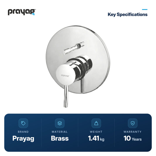 Single Lever Concealed Diverter 40mm (Complete Set Body + Plate) Brass - Prayag key specifications: Brass, 1.41 kg, 10-year warranty