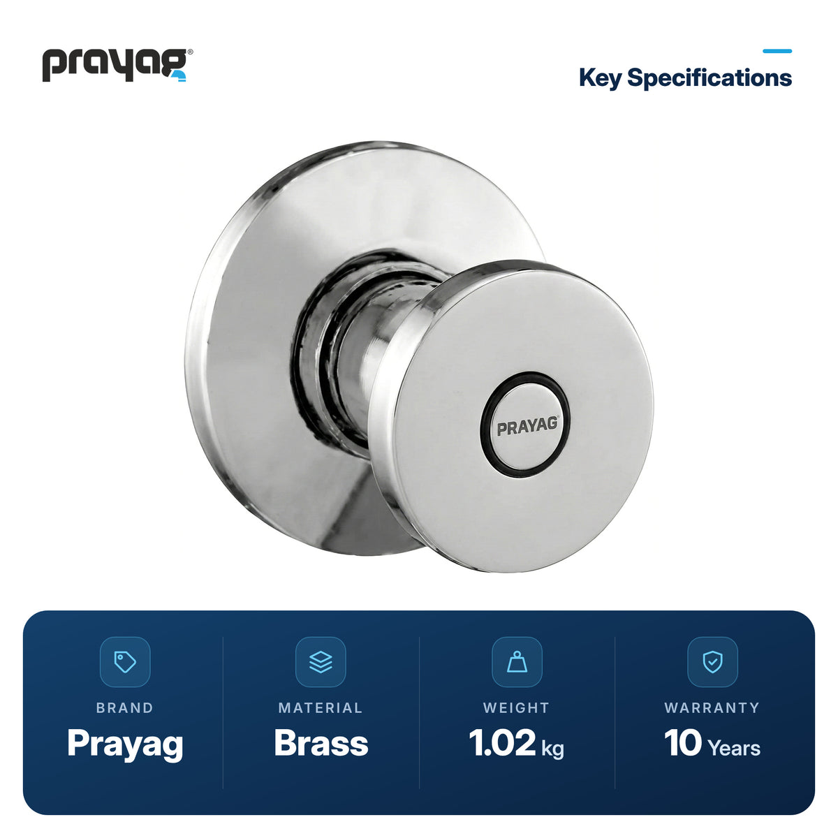 Concealed Flush Valve (Push Type) 25mm - Prayag key specifications: Brass, 1.02 kg, 10-year warranty