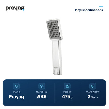 ABS Hand Shower with 1.5 Mtr. SS Tube & ABS Hook - Prayag key specifications: ABS, 475 g, 2-year warranty