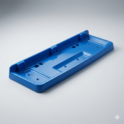 Blue plastic tray on a gray background
