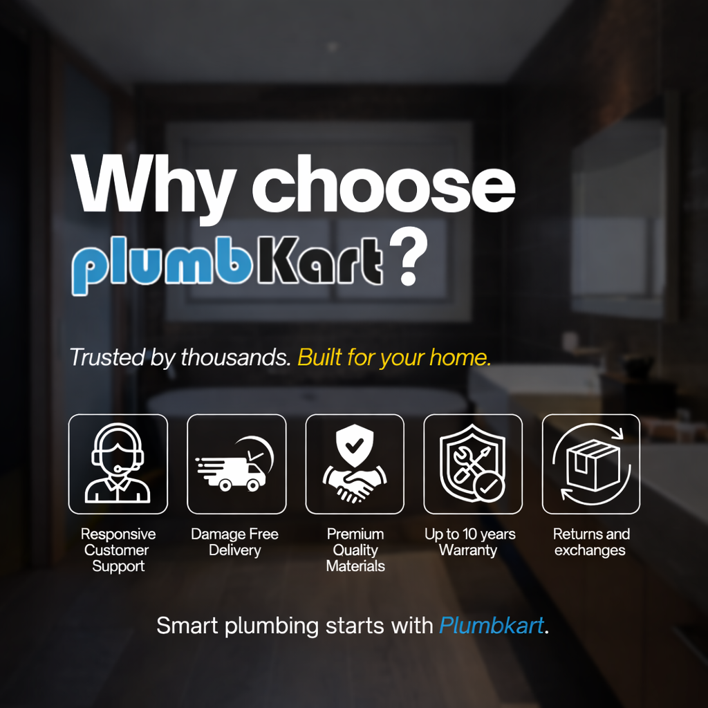 Advertisement for plumbKart highlighting their services with icons and text on a blurred background.