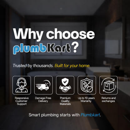 Advertisement for plumbKart highlighting their services with icons and text on a blurred background.