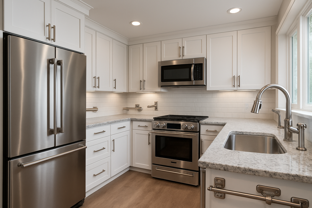 wide angle view of kitchen showing hardware of kitchen'